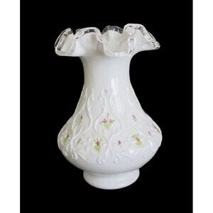 Vintage Fenton Silver Crest Spanish Lace Milk Glass Flower Vase HP Signed
